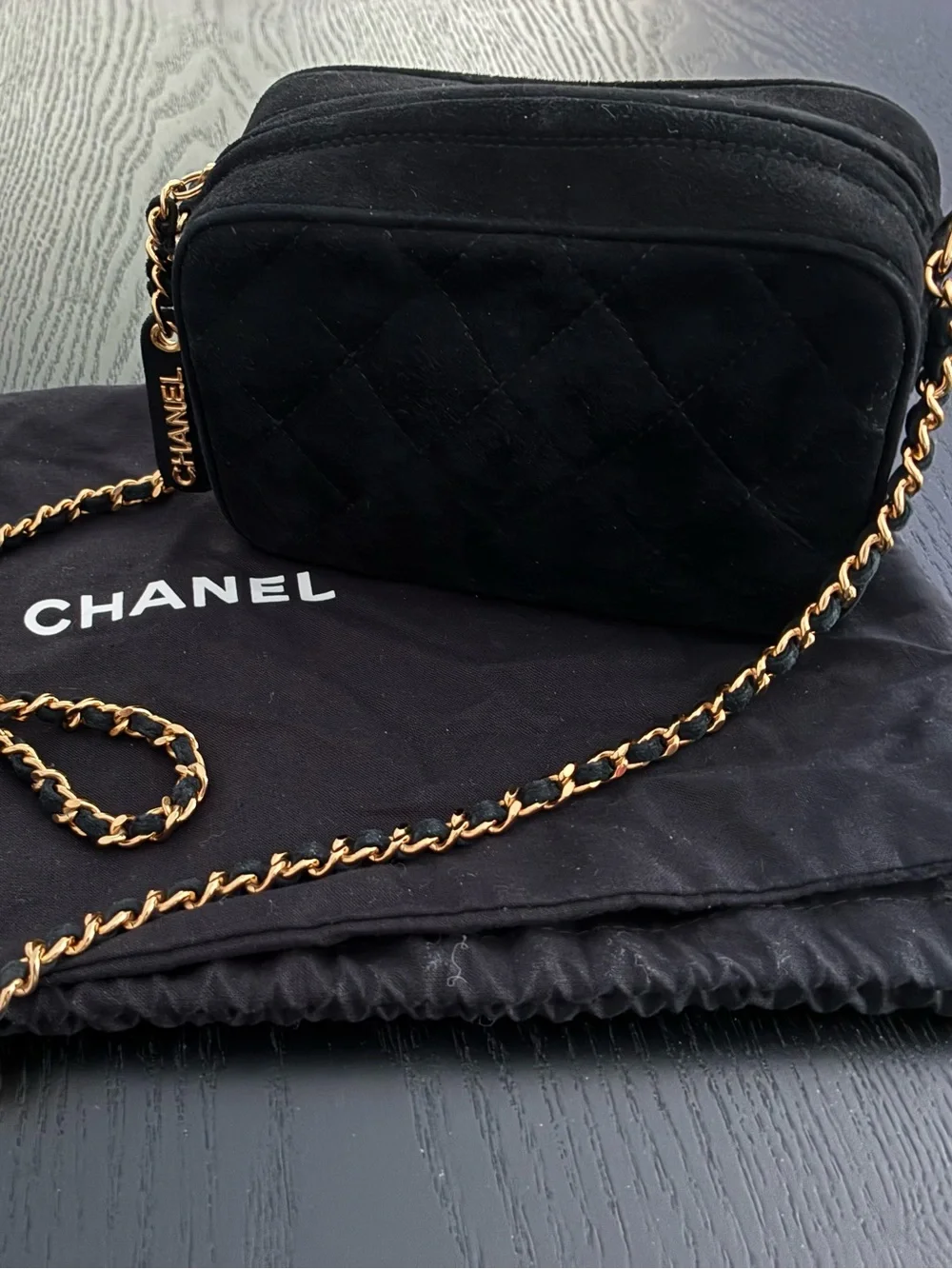 CHANEL Black Quilted SuedeCrossbody with Gold Chain Strap